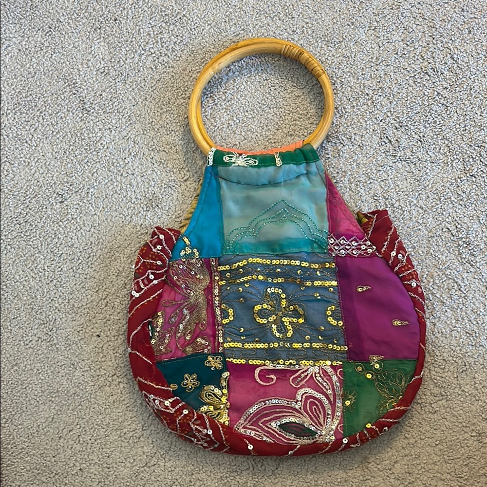 Patchwork Handbag With Wooden Handles - image 2